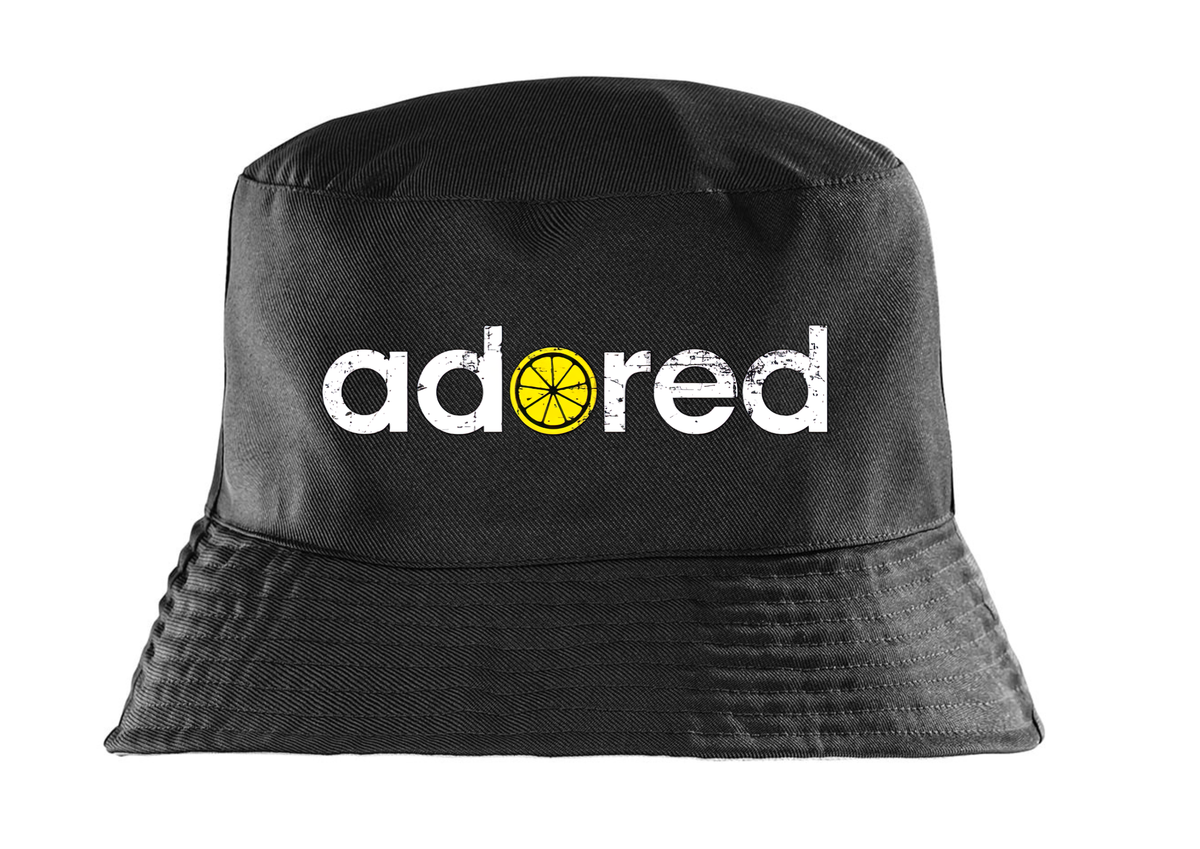 Black I Wanna Be Adored bucket hat with distressed lettering and yellow lemon design